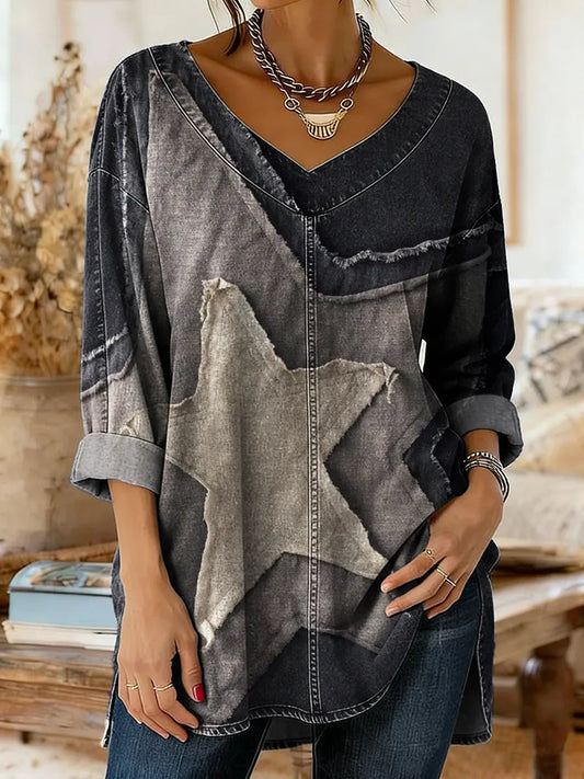Women's Patchwork Star Art Print Casual Washed Denim Cotton Top