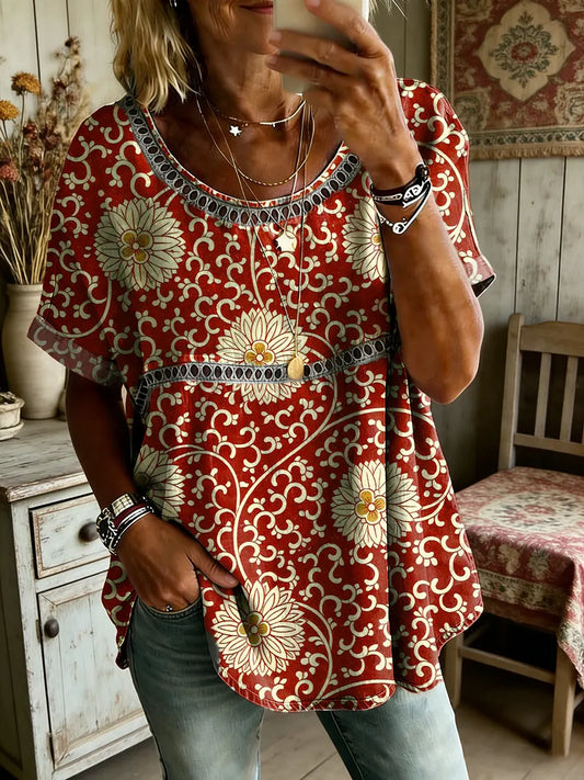 Women's Folk Floral Art Print Round Neck Short Sleeve Hollow-Out Shirt
