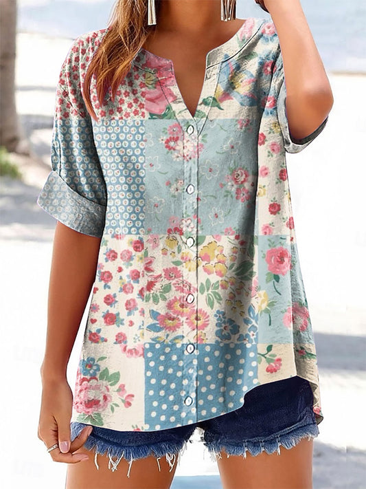 Women's Vintage Floral Patchwork Art Printed Casual Short Sleeve Cotton and Linen Shirt