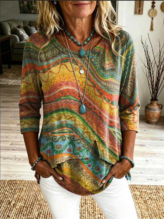 Women's Casual Round-neck T-shirt With Colorful, Asymmetrical Artistic Print