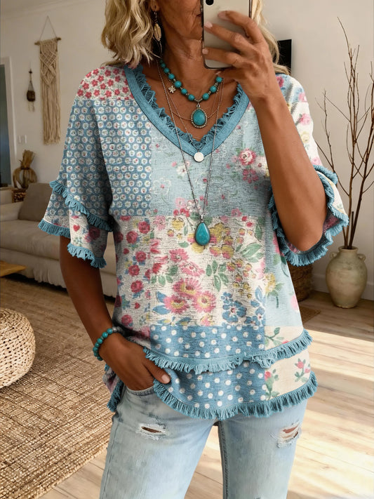 Women's Retro Patchwork Floral Art Print Casual V-Neck T-Shirt