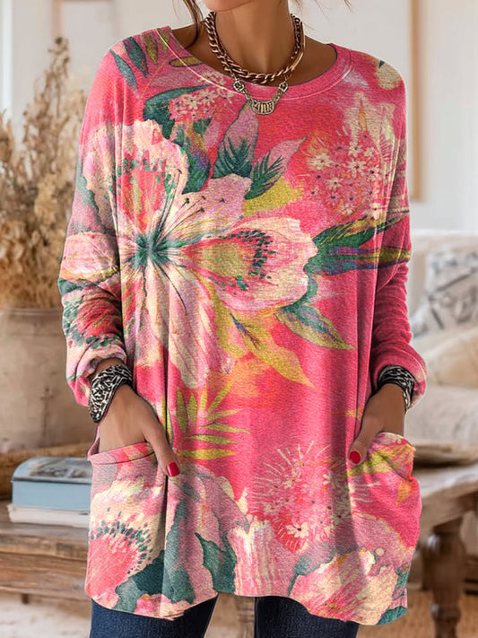 Women's Vintage Ethnic Pink Floral Art Printed Casual Home Round Neck Pocket T-shirt