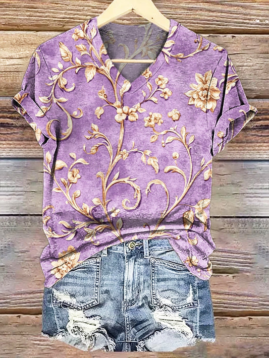 Women's Folk Floral Art Print Casual V-neck Cotton T-shirt