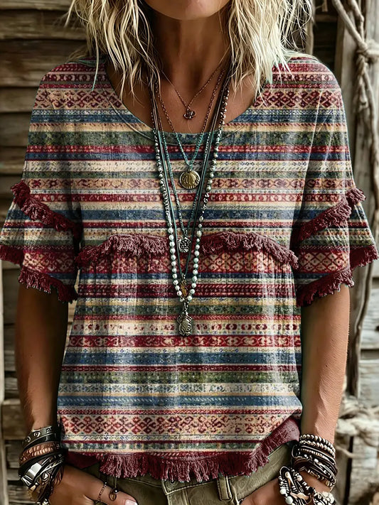 Women's Bohemian Colorful Striped Artistic Print Crew Neck T-Shirt