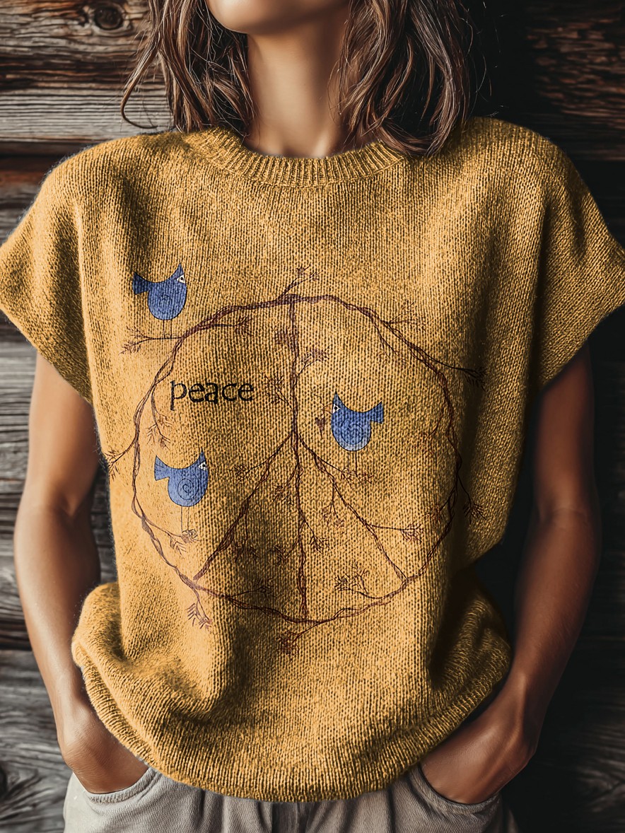 Women's Vintage Peace Bird Print Casual Crew Neck Short Sleeve Knitted Sweater