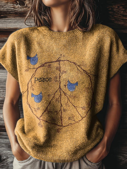 Women's Vintage Peace Bird Print Casual Crew Neck Short Sleeve Knitted Sweater