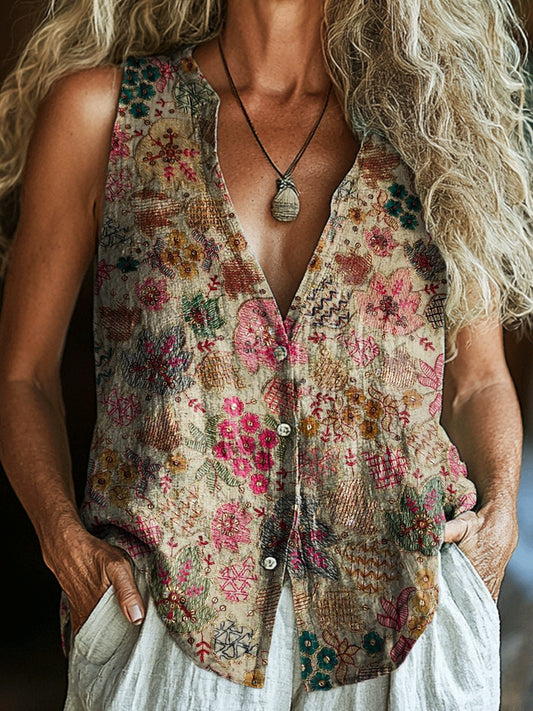 Women's Vintage Folk Floral Art Print Sleeveless Cotton Shirt