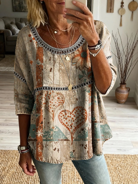Women's Artistic Print Casual Round Neck Tie-front Top With Heart-shaped Sunflower Pattern