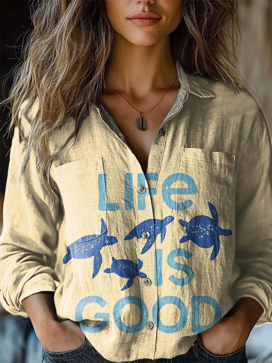 Women's Life Is Good & Turtle Print Casual Long Sleeve Comfortable Cotton Shirt