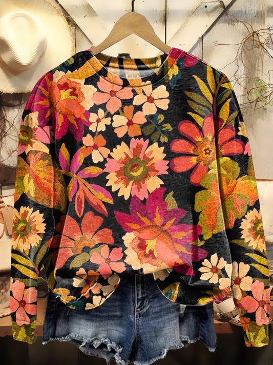 Retro Flowers Print Casual Sweatshirt