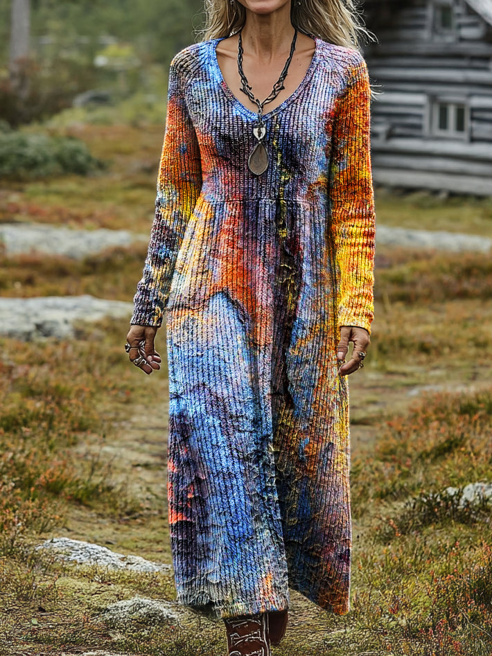 Women's Retro Art Print Casual Long Sleeve V-Neck Cotton Knit Dress