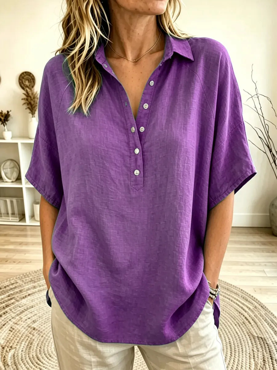 Women's Linen-Blend Collared Short Sleeve Henley Blouse