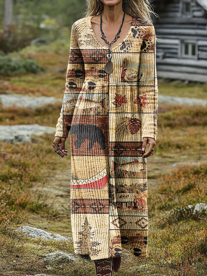 Women's Retro Ethnic Art Print Casual Long-Sleeve V-Neck Cotton Knit Dress