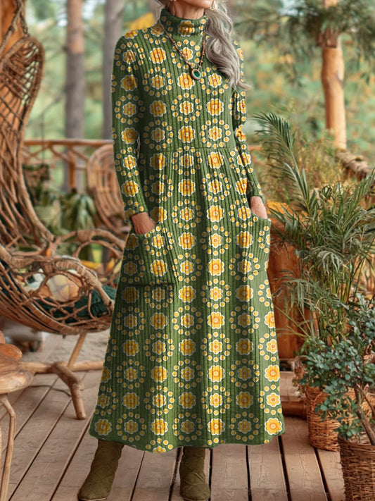 Ladies Vintage Green Daisy Art Print Elegant High Neck Pocket Knit Dresses