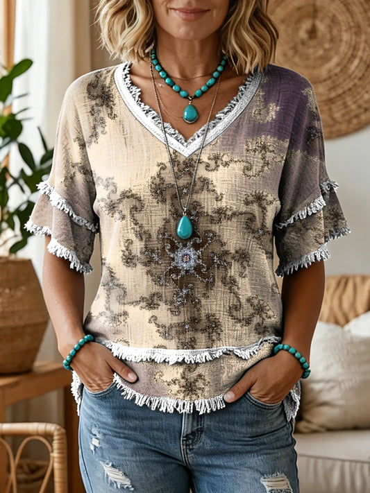 Women's Bohemian Hippie Art Print V-Neck Tasseled Cotton Top