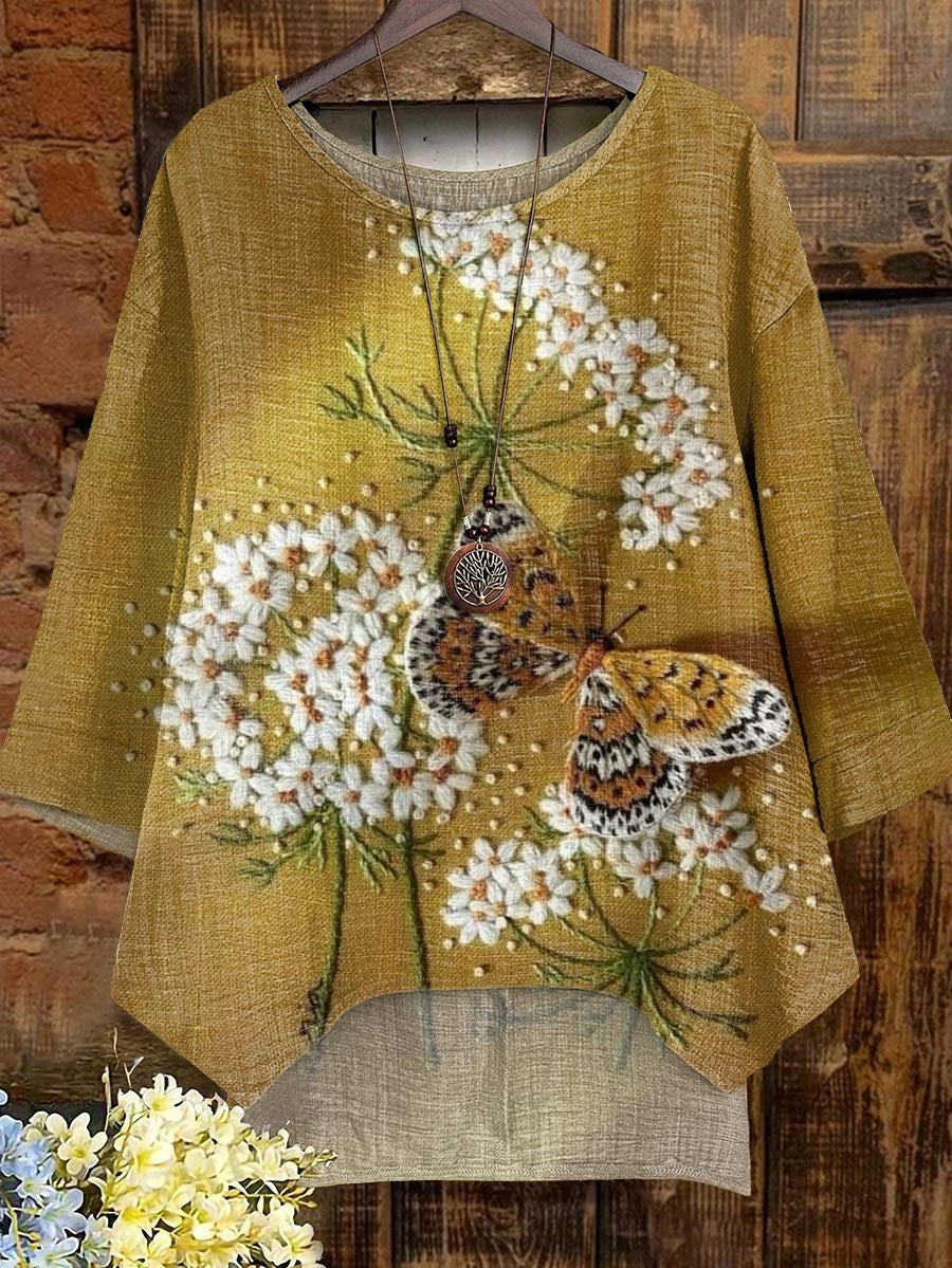 Women's Dandelions Flowers Butterflies Art Print Comfortable Cotton Shirt