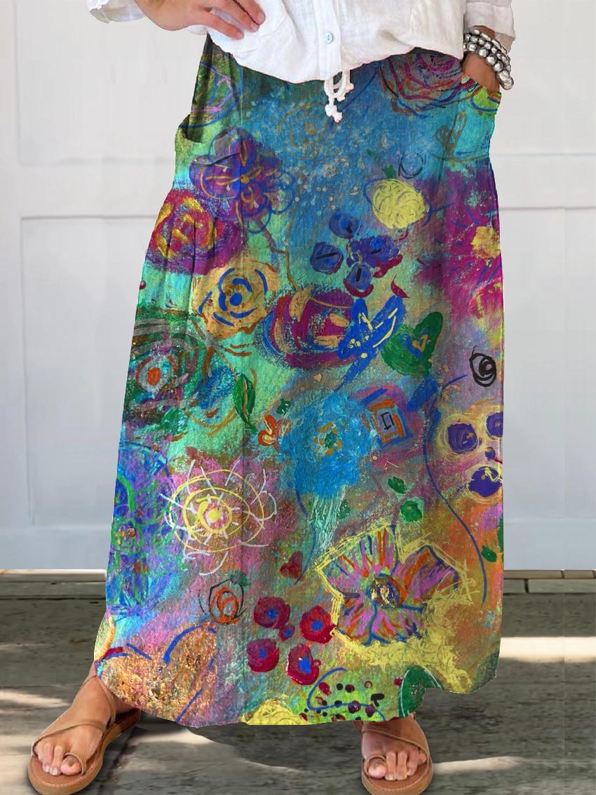 Women's Colorful Flower Doodle Print Linen Pocket Skirt