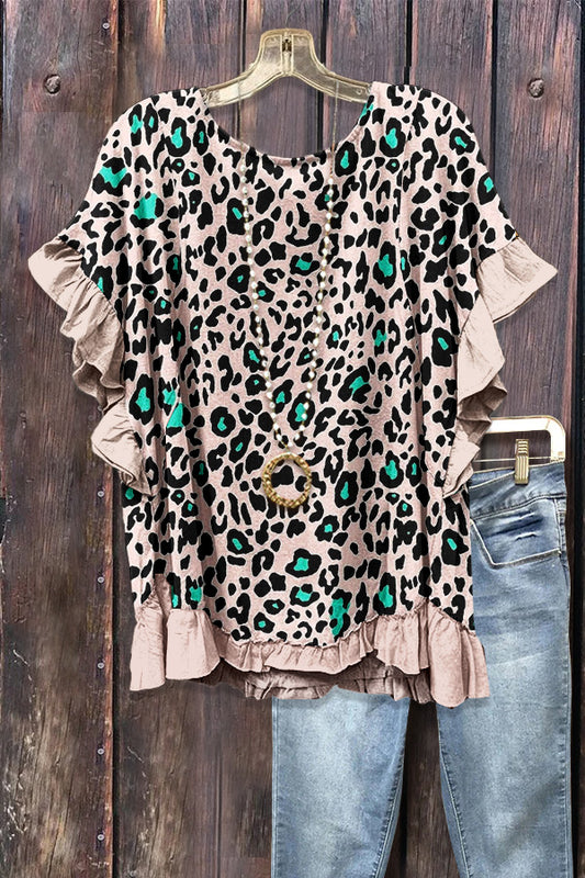 Leopard Print Ruffle Trim Top