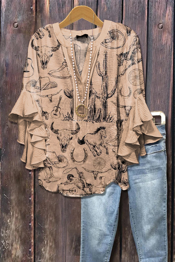 Retro Western Cowgirl Print Ruffle Sleeve Top