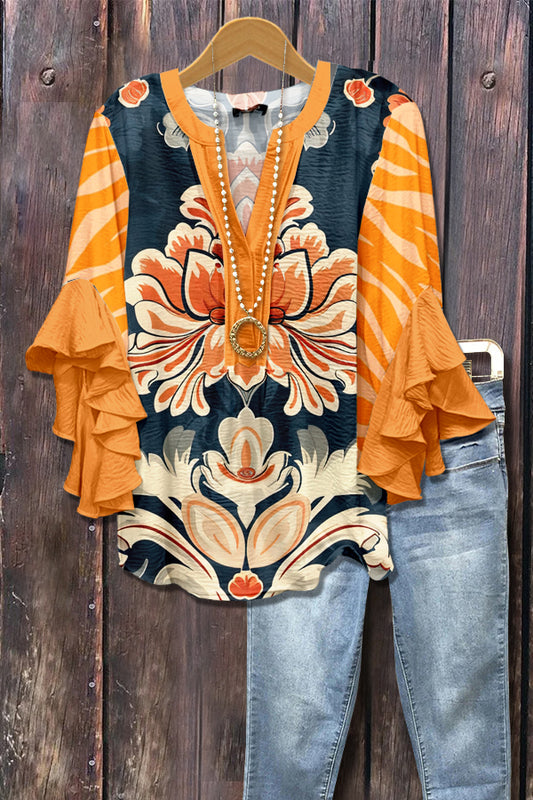 Retro Floral Print Zebra Ruffle Sleeve Top