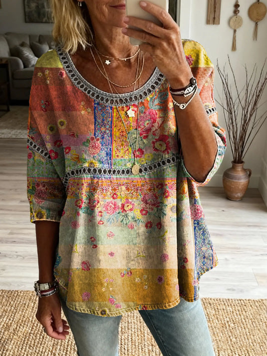 Women's Floral Pattern Art Print Casual Round Neck Lace-up Top