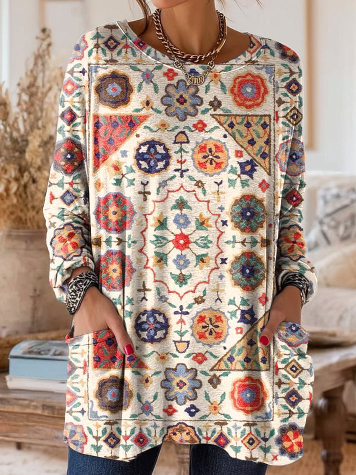 Womens Vintage Ethnic Floral Art Print Casual Home Round Neck Pocket T-shirt