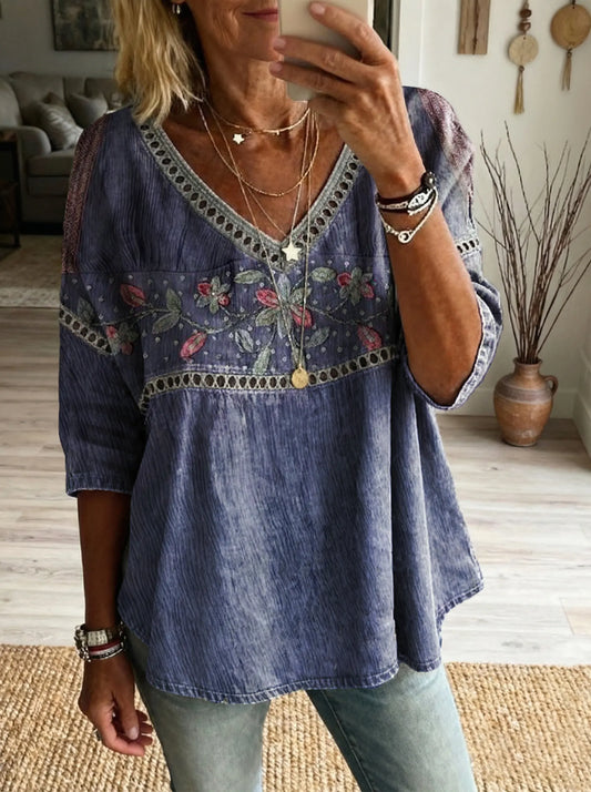 Women'sfloral Art Print Casual V-neck Tie-front Top