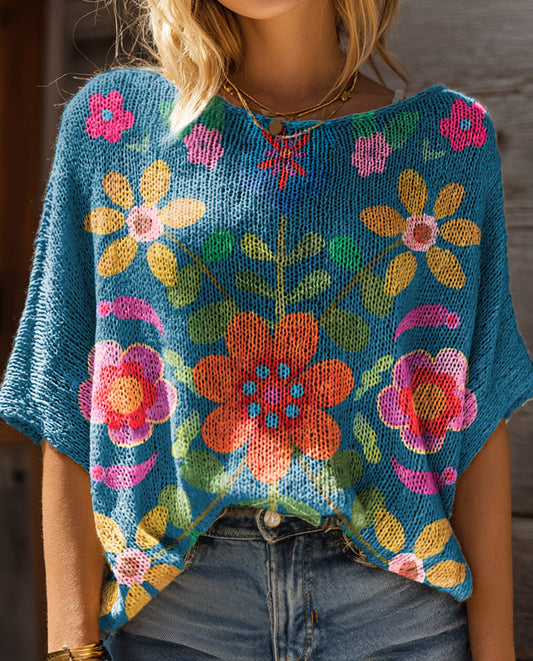 Women's Bohemian Floral Art Pattern Print Casual Pullover Sweater