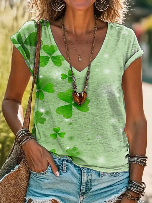 Women's Saint Patrick's Day Print Cotton V-neck T-Shirt