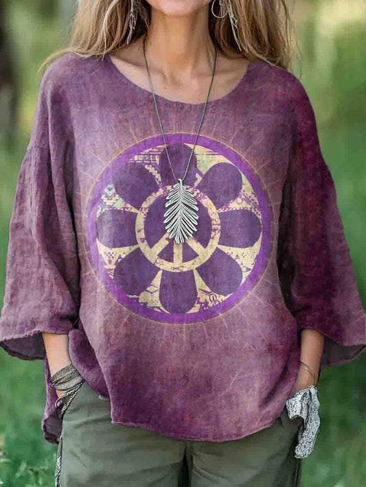 Women's Hippie Graphic Art Print Casual Cotton and Linen Shirt