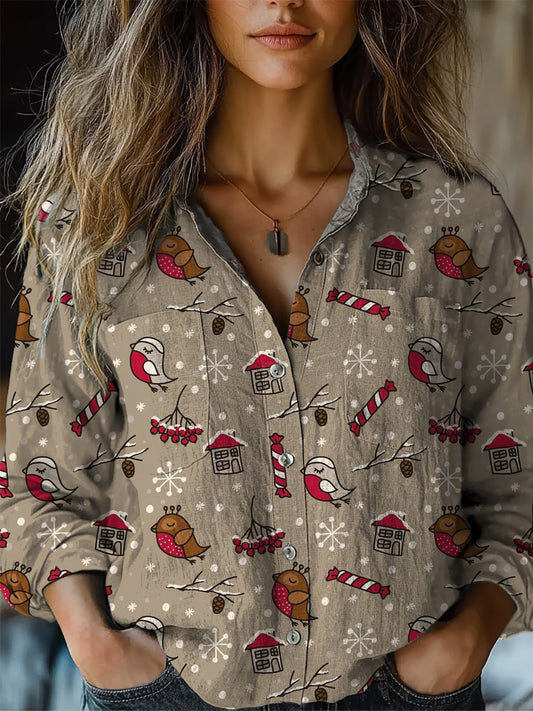 Winter Season Bird And Candy Cane Pattern Printed Women's Casual Long Sleeve Comfortable Cotton Shirt