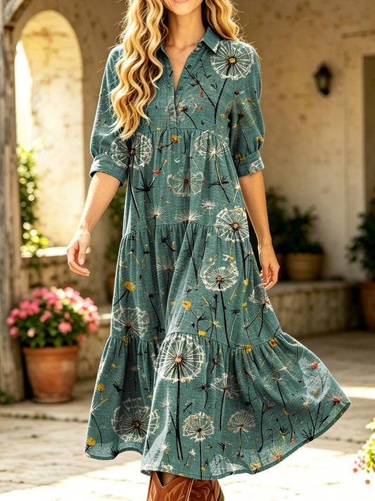 Women's Retro Dandelion Art Print Casual Half-sleeve Shirt Collar Dress