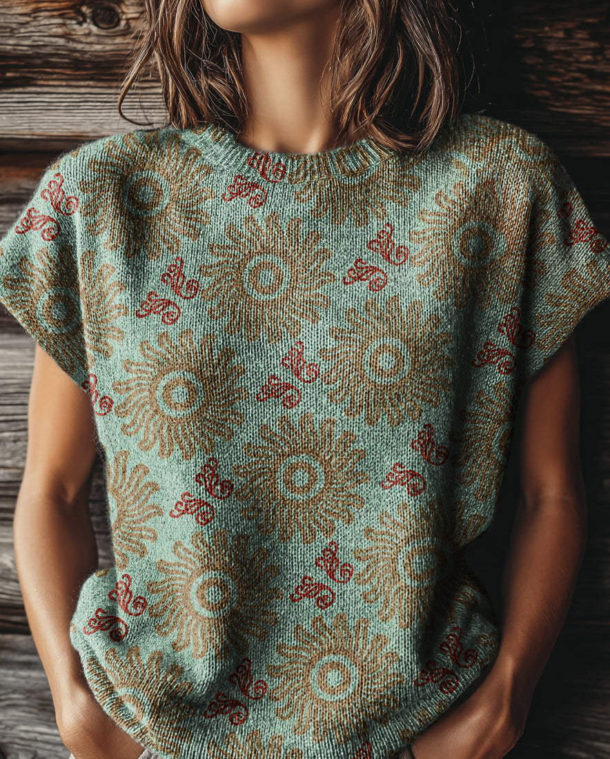 Women's Retro Ethnic Bohemian Floral Art Print Casual Crew Neck Short Sleeve Knitted Sweater