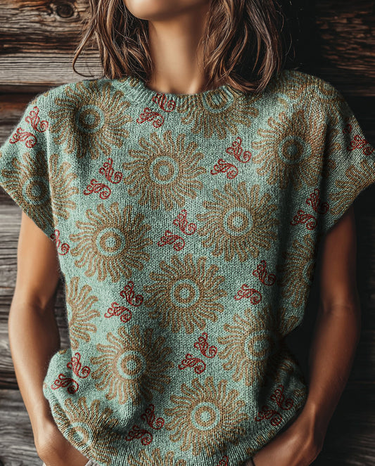 Women's Retro Ethnic Bohemian Floral Art Print Casual Crew Neck Short Sleeve Knitted Sweater