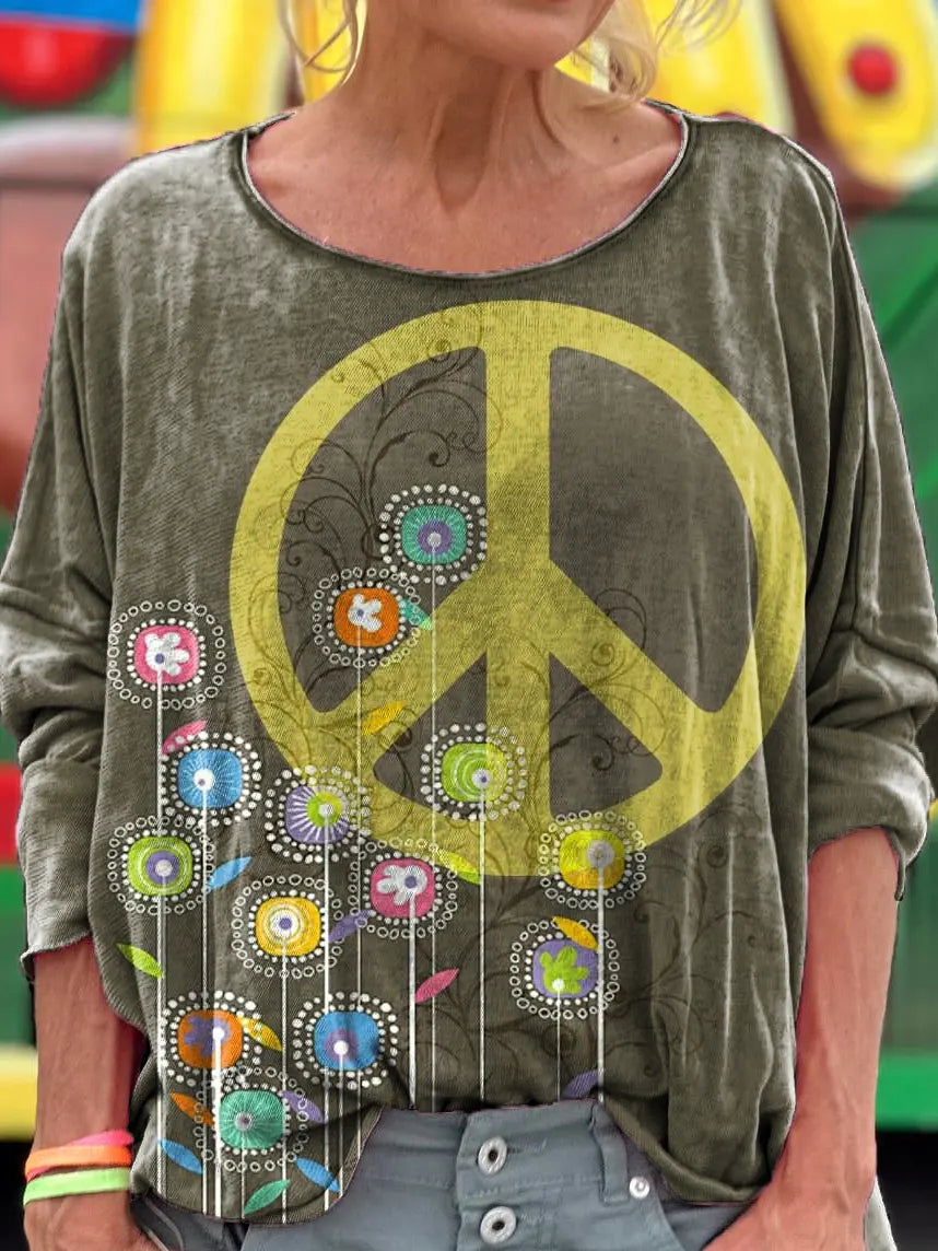 Hippie-Print Art Casual Long-Sleeve T-Shirt