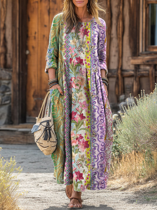 Women's Vintage Ethnic Floral Collage Art Print Pocket Cotton Dress