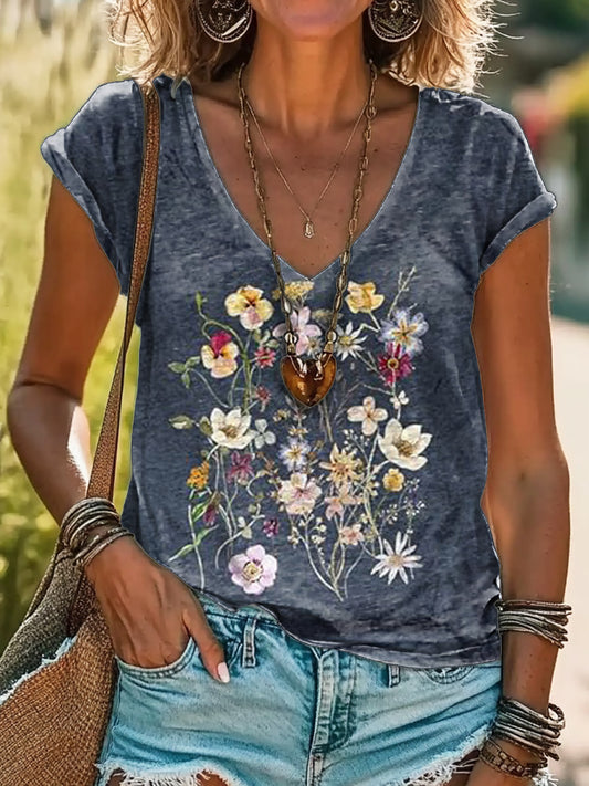 Floral Art Print 100% Cotton V-Neck T-Shirt