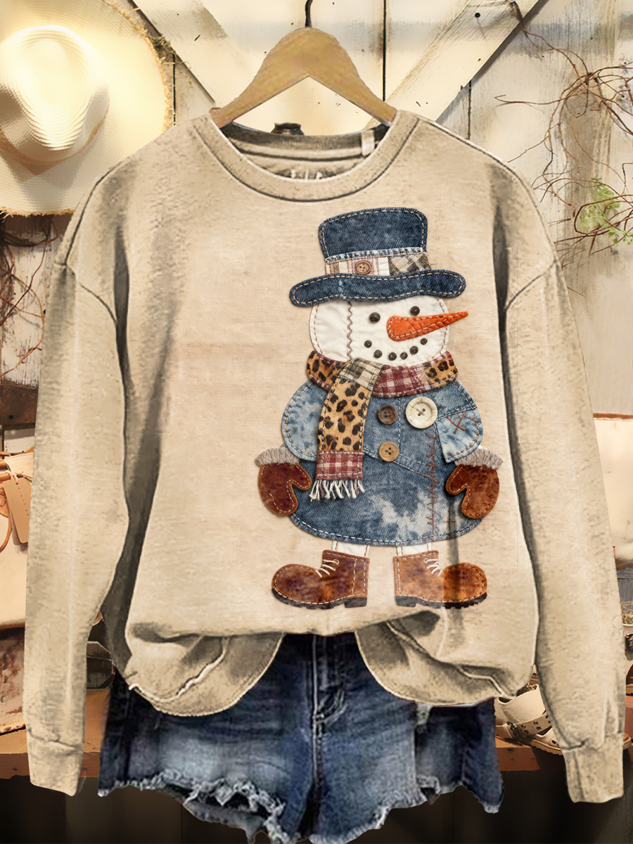 Women's Retro Fun Christmas Snowman Art Print Casual Long Sleeve Crew Neck Sweatshirt
