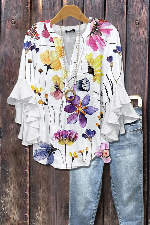 Wildflower Print V-Neck Ruffle Sleeve Top