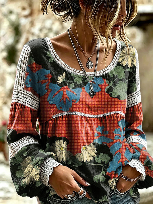 Women's Retro Floral Art Print Casual Long-sleeved Round Neck Lace Cotton Shirt