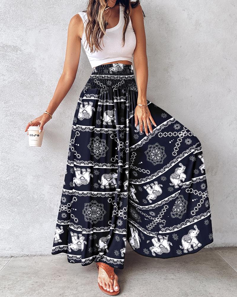 Tribal Print Shirred Wide Leg Pants