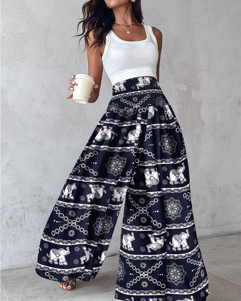 Tribal Print Shirred Wide Leg Pants