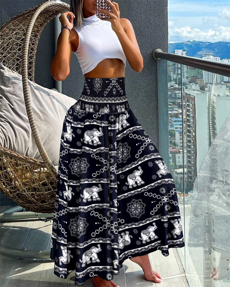 Tribal Print Shirred Wide Leg Pants