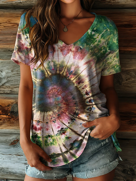 Women's Vintage Gradient Tie-dye Abstract Art Print Casual V-neck Cotton Short Sleeve T-shirt