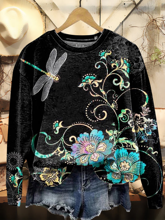 Women's Vintage Floral And Dragonfly Art Print Casual Crew Neck Sweatshirt