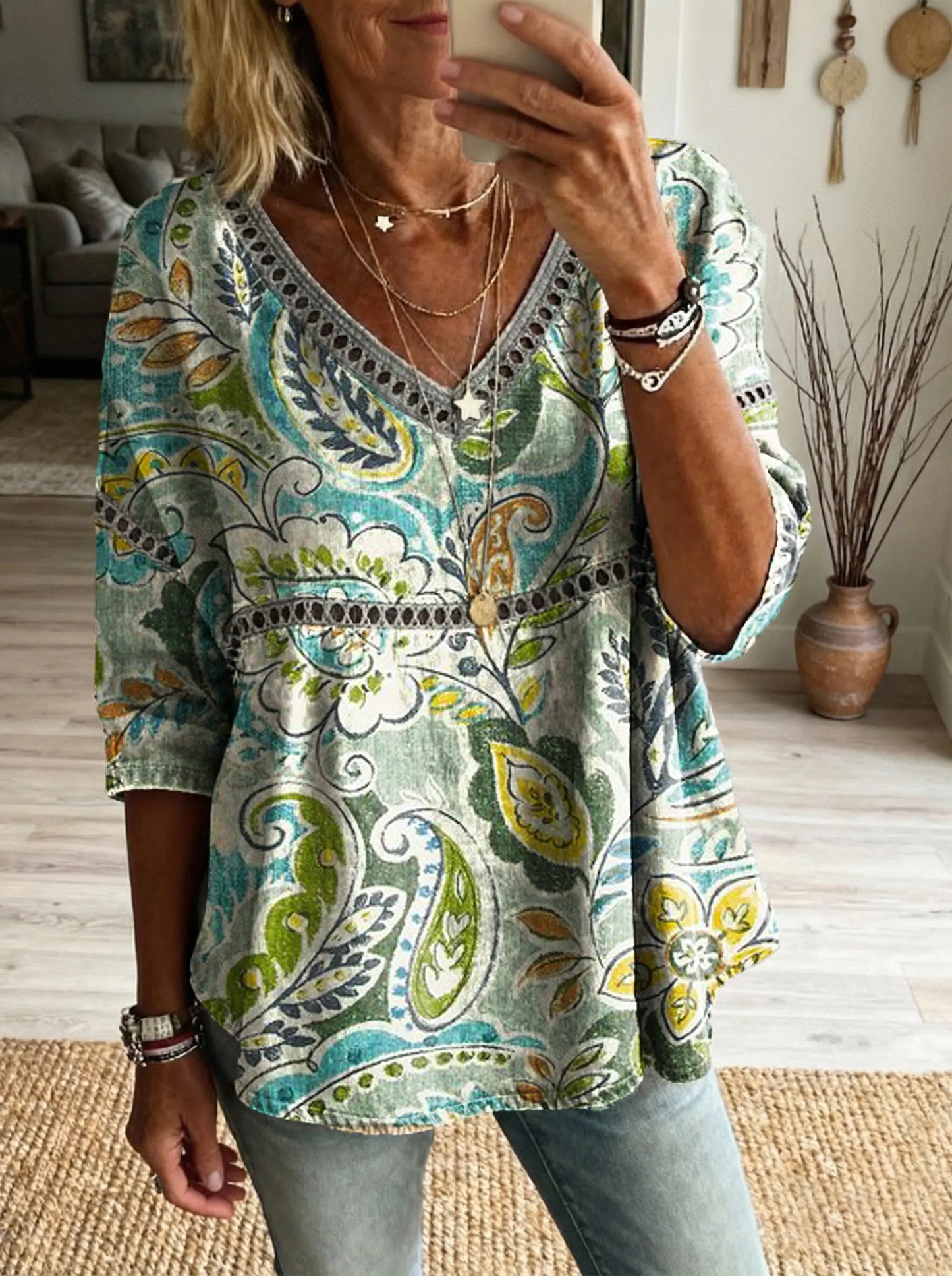 Women's Floral Art Print Casual V-neck Tie-front Top