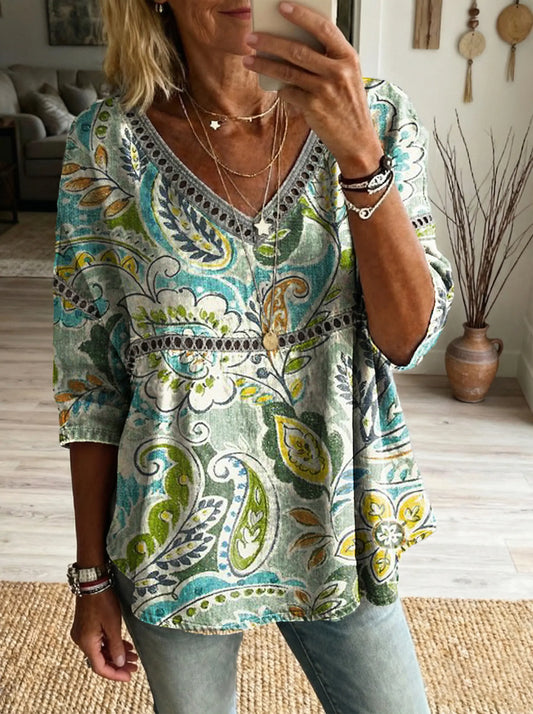 Women's Floral Art Print Casual V-neck Tie-front Top
