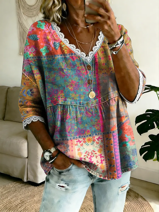 Ethnicity Patchwork Flowers Women's Vintage Art Print Casual V Neck Top With Lace Trim