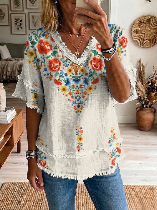 Ethnicity Bohemia Flowers Colorful Women's Art Casual Patchwork V Collar Shirt