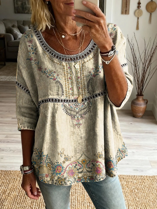 Ethnicity Bohemia Totem Flowers Women's Art Print Casual Round Neck Cutout Top